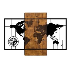 Harta Lumii Cu Busolă Decor de perete din lemn 85x58 Nuc-Negru