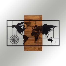 Harta Lumii Cu Busolă Decor de perete din lemn 85x58 Negru-Nuc