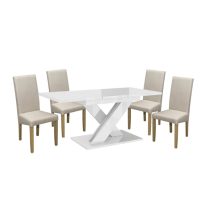   Set de sufragerie pentru 4 persoane Maasix WTG High Gloss White cu scaune Bej Vanda