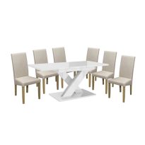   Set dining pentru 6 persoane Maasix WTG High Gloss White cu scaune Bej Vanda