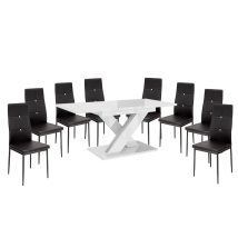   Set de sufragerie pentru 8 persoane Maasix WTG High Gloss White, cu scaune Elvira negre