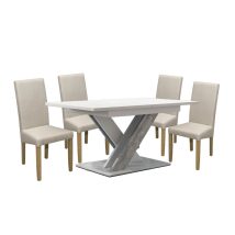   Set de sufragerie pentru 4 persoane Maasix WTS, alb-gri lucios, cu scaune Bej Vanda
