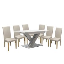   Set dining pentru 6 persoane Maasix WTS, alb-gri lucios, cu scaune Bej Vanda