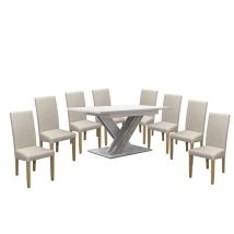   Set de sufragerie pentru 8 persoane Maasix WTS, alb-gri lucios, cu scaune Bej Vanda