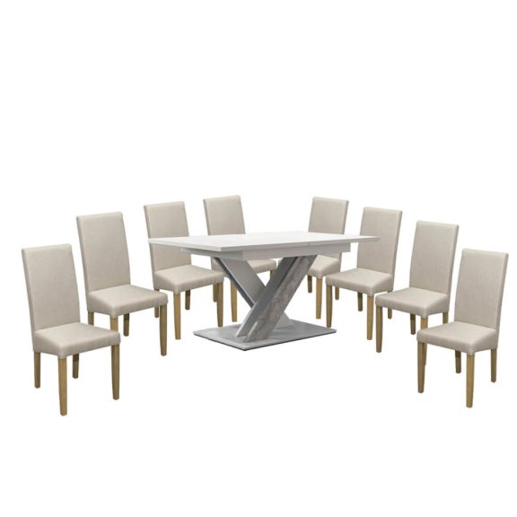 Set de sufragerie pentru 8 persoane Maasix WTS, alb-gri lucios, cu scaune Bej Vanda