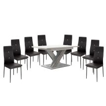  Set de sufragerie pentru 8 persoane Maasix WTS, alb-gri, lucios ridicat, cu scaune Elvira negre