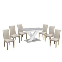   Maasix SWTG High Gloss White - Set de sufragerie din beton pentru 6 persoane cu scaune Bej Vanda
