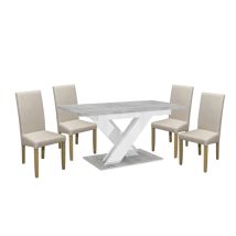   Maasix SWTG High Gloss White - Set de sufragerie din beton pentru 4 persoane cu scaune Bej Vanda
