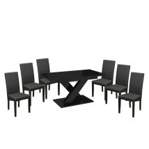  Set dining pentru 6 persoane Maasix BKG High Gloss negru cu scaune Grey Vanda