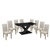   Set de sufragerie pentru 8 persoane Maasix BKG High Gloss negru cu scaune Bej Vanda