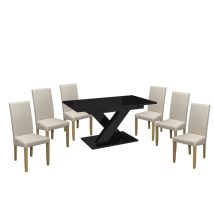   Set dining pentru 6 persoane Maasix BKG High Gloss negru cu scaune Beige Vanda