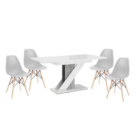 Set de sufragerie Maasix WGS gri-alb lucios Z pentru 4 persoane cu scaune Didier gri