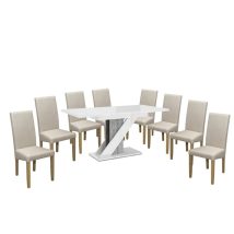   Set de sufragerie Maasix WGS gri-alb lucios Z pentru 8 persoane cu scaune bej Vanda