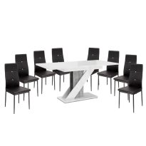   Set de sufragerie Maasix WGS gri-alb lucios Z pentru 8 persoane cu scaune negre Elvira