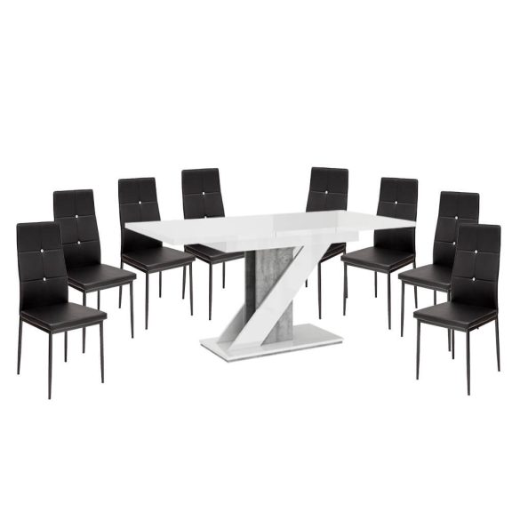 Set de sufragerie Maasix WGS gri-alb lucios Z pentru 8 persoane cu scaune negre Elvira