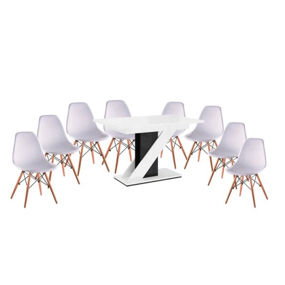 Set de sufragerie Maasix WGBS alb-negru lucios pentru 8 persoane cu scaune Didier albe