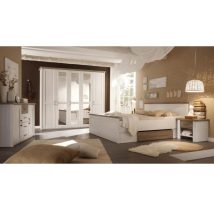   Set mobilier dormitor (pat, 2 noptiere, dulap), alb de pin/ stejar sonoma trufa, LUMERA