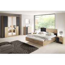   Set dormitor (pat+2x noptiere+dulap), stejar artizanal/pin negru norvegian, BAFRA